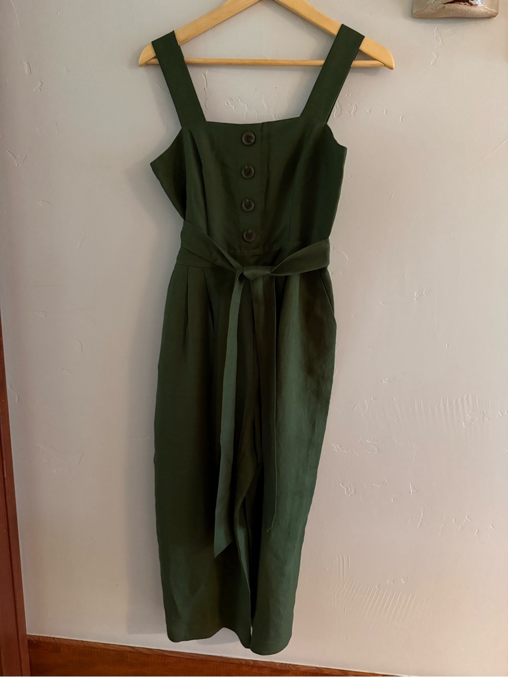 Ann Taylor Olive Green Wide-Strap Jumpsuit with Waist Tie